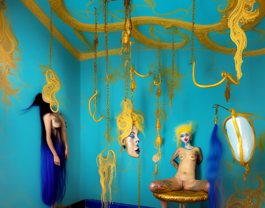 surreal art of a blue room with gold trimming and decor hanging from ceiling, on the left is a woman with long blue hair hanging from the ceiling, in the middle is a face hagning from the ceiling, on the right is a nude woman sitting with make-up and her legs spread open, next to a distorted mirror. this piece is titled "costume."