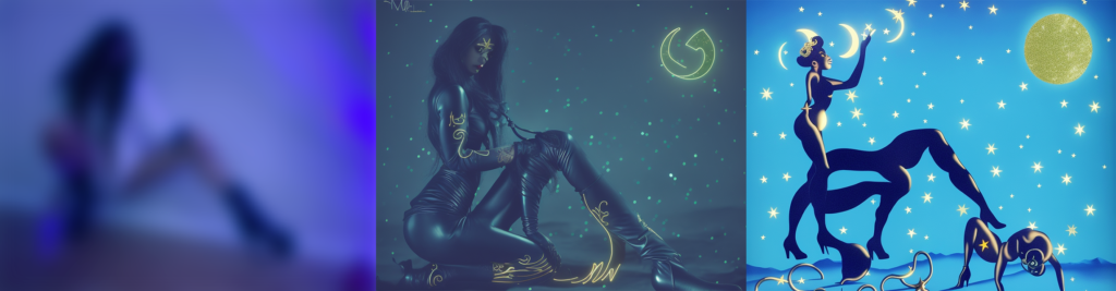 three images: on the left is the original photo of a woman on the ground with one leg bent and outstretched, in the middle is the first draft of the AI result of this photo depicting a woman under the moonlight in a similar position and catsuit, on the right is the final version of guardian, a silhouette of a dark blue woman with her leg outstretched over what appears to be a man on the ground, under the moonlight